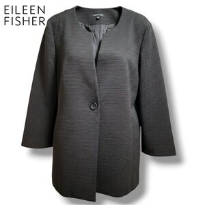 Eileen Fisher Blazer Black Collarless One Button Blazer Jacket Textured | Sz XL